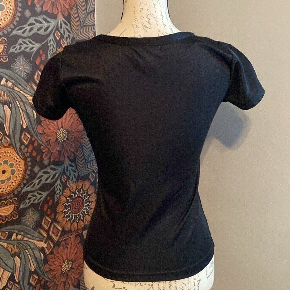 Shiny Black Scoop Neck Stretch Y2K Baby Tee One Step Up Size Small - Picture 2 of 6